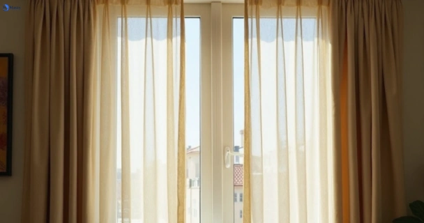Dull dusty drapes in banyo before professional cleaning